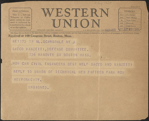 Telegram to Sacco-Vanzetti Defense Committee, Scarsdale, N.Y., August 5, 1927