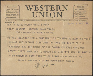 William Montgomery Brown telegram to Sacco-Vanzetti Defense Committee, Galion, Ohio, August 5, 1927