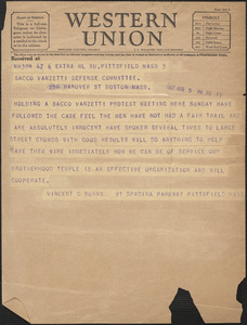 Vincent G. Burns telegram to Sacco-Vanzetti Defense Committee, Pittsfield, Mass., August 5, 1927