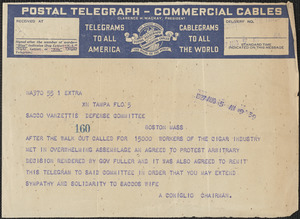Alfonso Coniglio telegram to Sacco-Vanzetti Defense Committee, Tampa, Fla., August 5, 1927