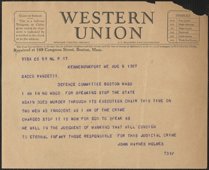 John Haynes Holmes telegram to Sacco-Vanzetti Defense Committee, Kennebunkport, Me., August 5, 1927