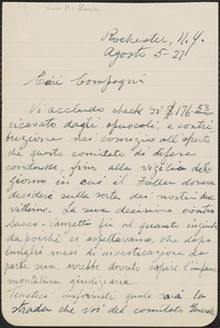 Sam M. Lucia (Sacco e Vanzetti Defense Committee, Rochester) autograph letter signed, in Italian, to Sacco-Vanzetti Defense Committee, Rochester, N.Y., August 5, 1927