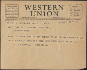 Dora Maxwell telegram to Sacco-Vanzetti Defense Committee, New York, N.Y., August 5, 1927