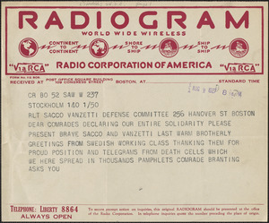 Svenska Sacco-Vanzetti Försvarskommitten. telegram to Sacco-Vanzetti Defense Committee, Stockholm, Sweden, August 5, 1927