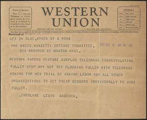 Caroline Lexow Babcock telegram to Sacco-Vanzetti Defense Committee, Nyack, N.Y., August 6, 1927