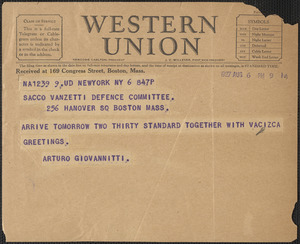 Arturo Giovannitti telegram to Sacco-Vanzetti Defense Committee, New York, N.Y., August 6, 1927