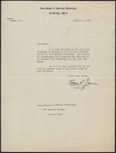 Eldon R. James typed note signed to Sacco-Vanzetti Defense Committee, Cambridge, Mass., August 6, 1927