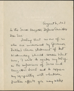 Barbara Randall autograph note signed to Sacco-Vanzetti Defense Committee, Boston, Mass., August 6, 1927