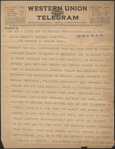 Walter W. Liggett telegram to Sacco-Vanzetti Defense Committee, Provincetown, Mass., August 6, 1927