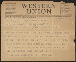 Alexander Mackay Smith telegram to Sacco-Vanzetti Defense Committee, Nanticoke, Pa., August 6, 1927