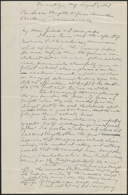 "A saddened embittered proletarian son" autograph letter signed to Sacco-Vanzetti Defense Committee, Brooklyn, N.Y., August 7, 1927