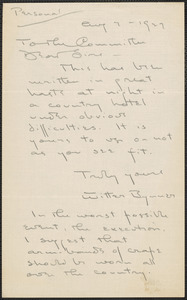 Witter Bynner autograph note signed to Sacco-Vanzetti Defense Committee, August 7, 1927