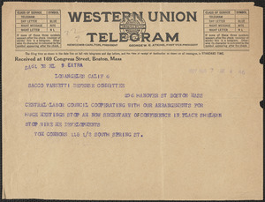 Tom Connors telegram to Sacco-Vanzetti Defense Committee, Los Angeles, Calif., August 7, 1927