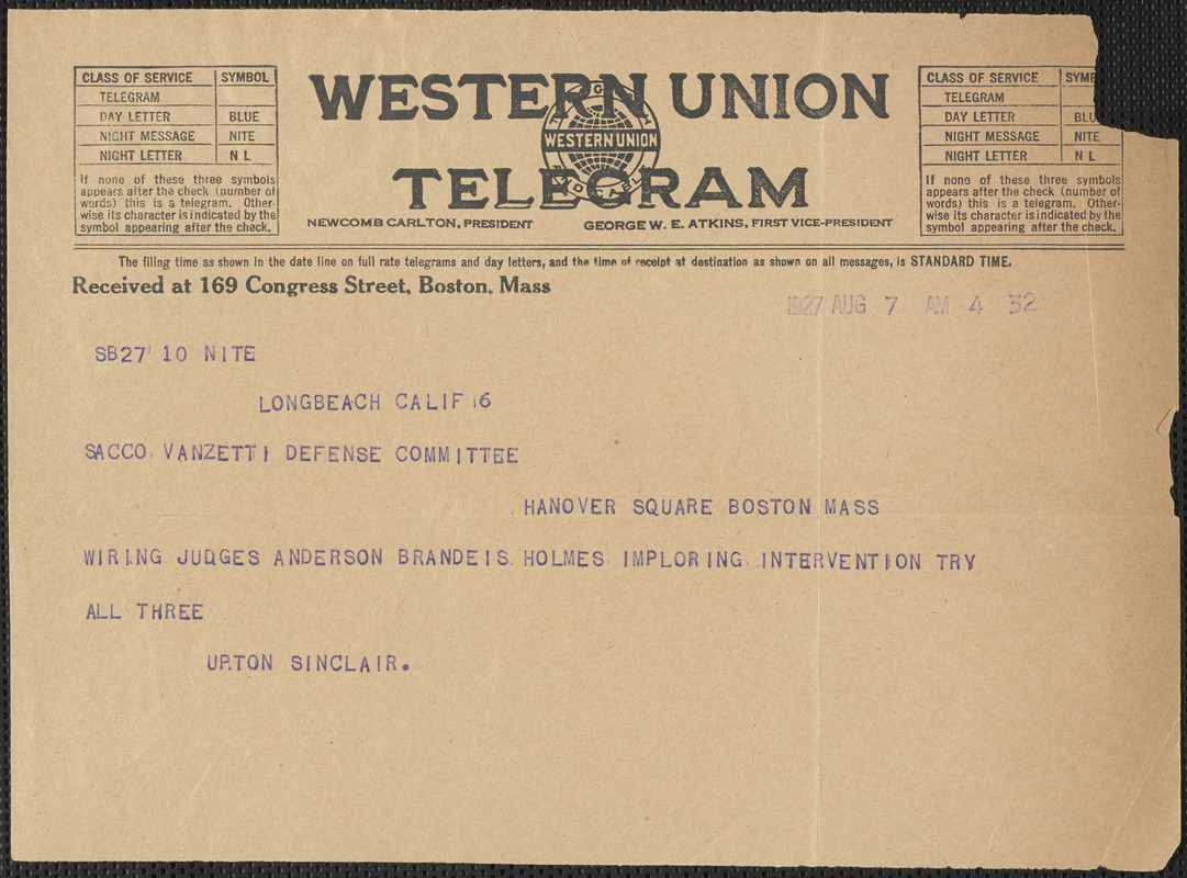 Upton Sinclair telegram to Sacco-Vanzetti Defense Committee, Long Beach, Calif., August 7, 1927