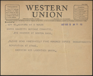American Aid Liberties Union telegram to Sacco-Vanzetti Defense Committee, New York, N.Y., August 8, 1927