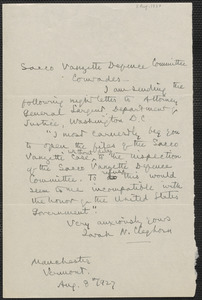 Sarah N. Cleghorn autograph note signed to Sacco-Vanzetti Defense Committee, Manchester Vt., August 8, 1927