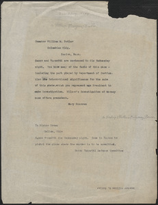 Mary Donovan telegram (copy) to William Morgan Butler, Boston, Mass., approximately [August 8, 1927]