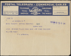 Fiorello H. La Guardia telegram to Sacco-Vanzetti Defense Committee, New York. N.Y., August 8, 1927