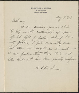 Edward A. Lincoln autograph note signed to Sacco-Vanzetti Defense Committee, Arlington, Mass., August 8, 1927