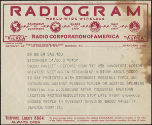 Svenska Sacco-Vanzetti Försvarskommitten. telegram to Sacco-Vanzetti Defense Committee, Stockholm, Sweden, August 8, 1927