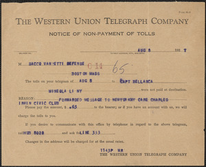 Western Union Telegraph Company telegram to Sacco-Vanzetti Defense Committee, [Boston, Mass.?], August 8, 1927