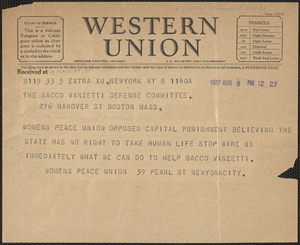 Women's Peace Union telegram to Sacco-Vanzetti Defense Committee, New york, N.Y., August 8, 1927