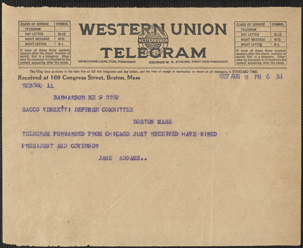 Jane Addams telegram to Sacco-Vanzetti Defense Committee, Bar Harbor, Me., August 9, 1927