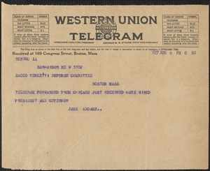 Jane Addams telegram to Sacco-Vanzetti Defense Committee, Bar Harbor, Me., August 9, 1927