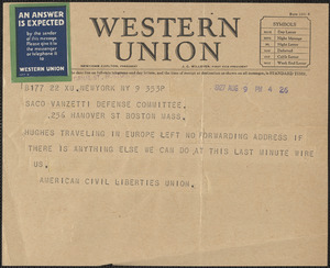 American Civil Liberties Union telegram to Sacco-Vanzetti Defense Committee, New York, N.Y., August 9, 1927