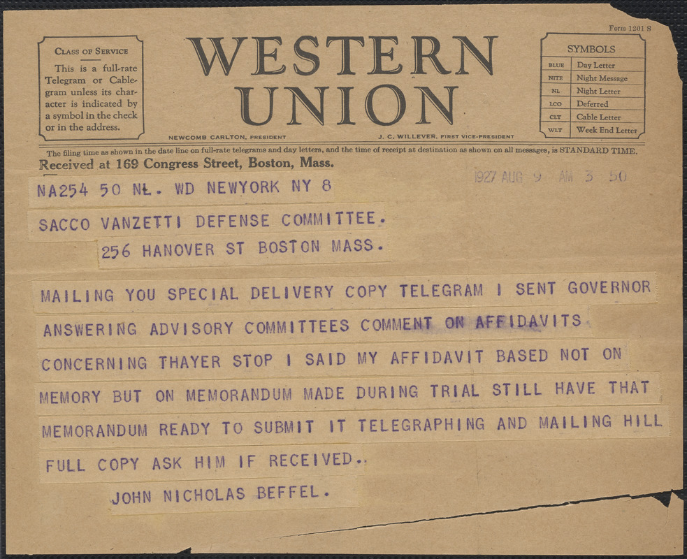 John Nicholas Beffel telegram to Sacco-Vanzetti Defense Committee, New York, N.Y., August 9, 1927