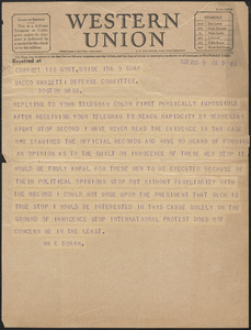 William E. Borah telegram to Sacco-Vanzetti Defense Committee, Boise, Idaho, August 9, 1927