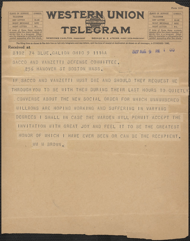 William Montgomery Brown telegram to Sacco-Vanzett Defense Committee, Galion, Ohio, August 9, 1927