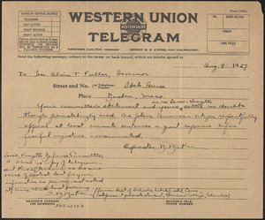 Sylvester B. Butler telegram to Sacco-Vanzetti Defense Committee, August 9, 1927