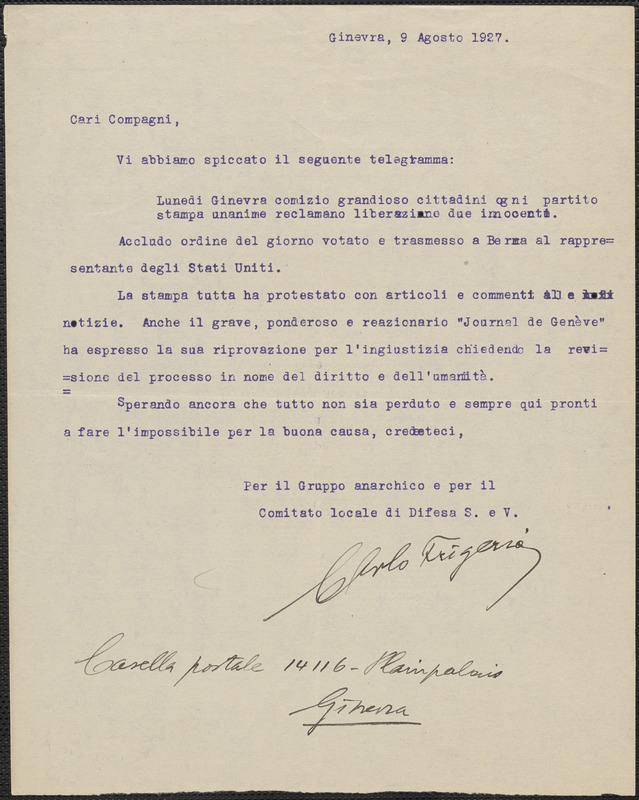 Carlo Frigerio typed letter signed, in Italian, to Sacco-Vanzetti Defense Committee, Geneva, Switzerland, August 9, 1927