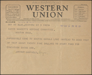 Arthur Garfield Hays telegram to Sacco-Vanzetti Defense Committee, New York, N.Y., August 9, 1927