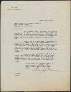 Darwin J. Meserole typed letter signed to Sacco-Vanzetti Defense Committee, Brooklyn, N.Y., August 9, 1927