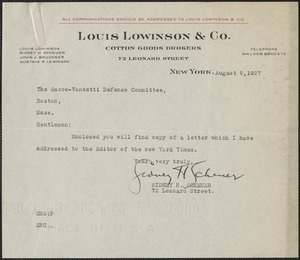 Sidney H. Scheuer typed note signed to Sacco-Vanzetti Defense Committee, New York, N.Y., August 9, 1927