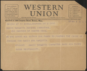 Student Sacco-Vanzetti Committee telegram to Sacco-Vanzetti Defense Committee, New York, N.Y., August 9, 1927