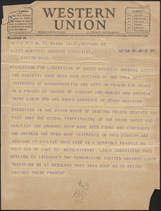 Telegram to Sacco-Vanzetti Defense Committee, New York. N.Y., August 10, 1927