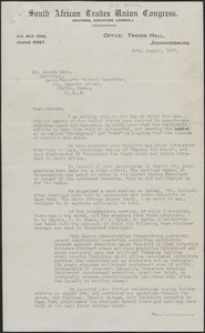 W. Andrews (South African Trades Union Congress) typed letter signed to Joseph Moro, Johannesburg, South Africa, August 10, 1927