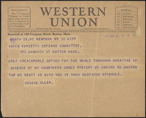 Devere Allen telegram to Sacco-Vanzetti Defense Committee, New York, N.Y., August 10, 1927