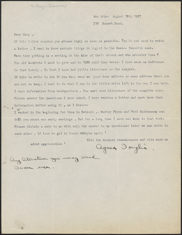 Agnes Inglis typed letter signed to Mary Donovan, Ann Arbor, Mich ...