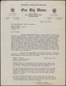 R. B. Russell (One Big Union) typed letter to Sacco-Vanzetti Defense Committee, Winnipeg, Man., August 10, 1927