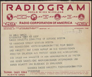 Svenska Sacco-Vanzetti Föersvarskommitten telegram to Sacco-Vanzetti Defense Committee, Stockholm, Sweden, August 10, 1927