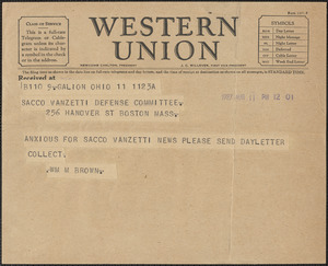 William Montgomery Brown telegram to Sacco-Vanzetti Defense Committee, Galion, Ohio, August 11, 1927