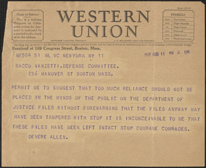 Devere Allen telegram to Sacco-Vanzetti Defense Committee, New York, N.Y., August 11, 1927