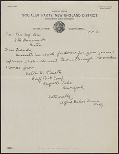 Alfred Baker Lewis (Socialist Party, New England District) autograph note signed to Sacco-Vanzetti Defense Committee, Boston, Mass., August 11, 1927