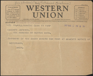 Andrew "Andy" R. Morehouse telegram to Gardner Jackson, Willimantic, Conn., August 11, 1927