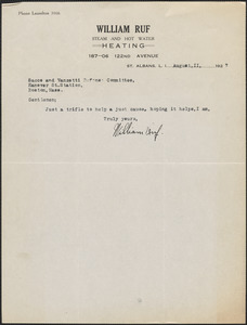 William Ruf typed note signed to Sacco-Vanzetti Defense Committee, St. Albans, N.Y., August 11, 1927