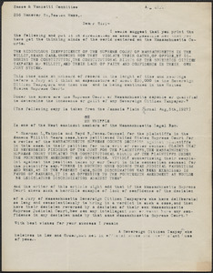 "A Sovereign Citizen Taxpayer" typed letter to Sacco-Vanzetti Defense Committee, August 12, 1927